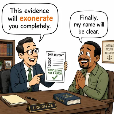 exonerate (temize çıkarmak, aklamak, suçsuz bulmak) karikatürü — diyalogla bağlam içinde öğren
