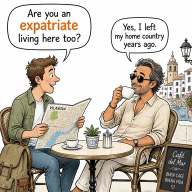 expatriate (yurt dışında yaşayan kimse, gurbetçi) karikatürü — diyalogla bağlam içinde öğren