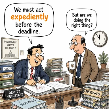 expediently (uygun bir şekilde, işe yarar biçimde (ancak bazen etik dışı)) karikatürü — diyalogla bağlam içinde öğren