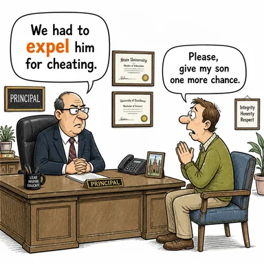 expel (kovmak, (okuldan/ülkeden) atmak, sınır dışı etmek) karikatürü — diyalogla bağlam içinde öğren