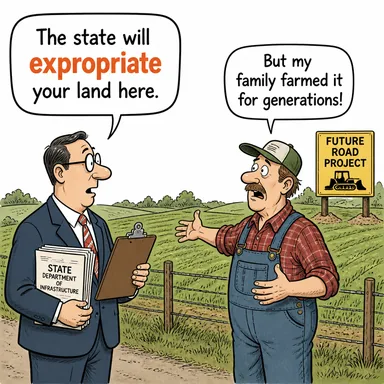 expropriate (kamulaştırmak, istimlak etmek, (mülke) el koymak) karikatürü — diyalogla bağlam içinde öğren