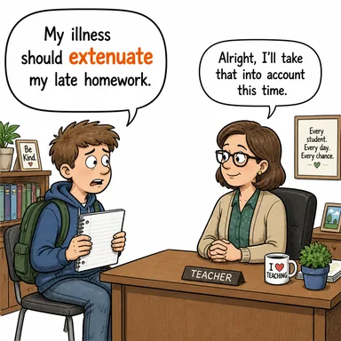 extenuate (hafifletmek (suçu/durumu), mazeret göstermek) karikatürü — diyalogla bağlam içinde öğren
