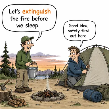 extinguish (söndürmek (yangın), yok etmek, ortadan kaldırmak) karikatürü — diyalogla bağlam içinde öğren