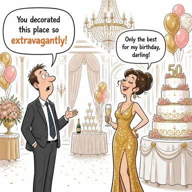extravagantly (müsrifçe, savurgan bir şekilde, aşırıca) karikatürü — diyalogla bağlam içinde öğren
