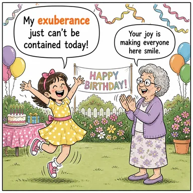 exuberance (coşku, taşkınlık, neşe, (bitki için) gürlük) karikatürü — diyalogla bağlam içinde öğren