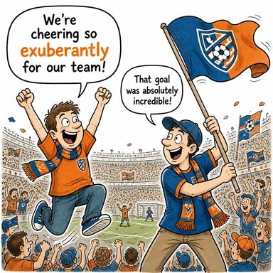 exuberantly (coşkuyla, neşeyle, bolca) karikatürü — diyalogla bağlam içinde öğren