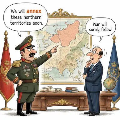 annex (ilhak etmek, (topraklarına) katmak, eklemek) karikatürü — diyalogla bağlam içinde öğren