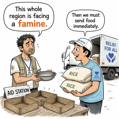famine (kıtlık, açlık) karikatürü — diyalogla bağlam içinde öğren