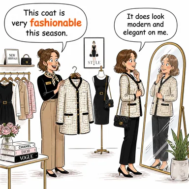 fashionable (modaya uygun, şık, popüler) karikatürü — diyalogla bağlam içinde öğren