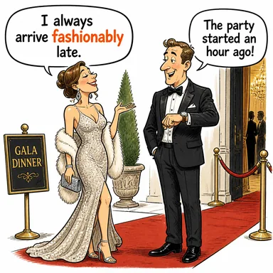 fashionably (modaya uygun şekilde, şık bir biçimde) karikatürü — diyalogla bağlam içinde öğren