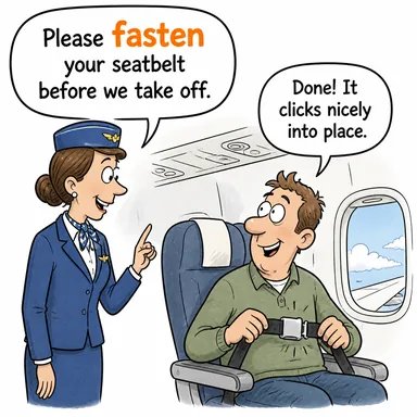 fasten (bağlamak, tutturmak, (kemer) takmak) karikatürü — diyalogla bağlam içinde öğren