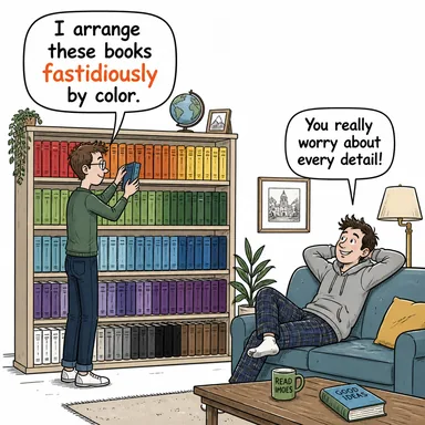 fastidiously (titizlikle, kılı kırk yararak, müşkülpesentçe) karikatürü — diyalogla bağlam içinde öğren