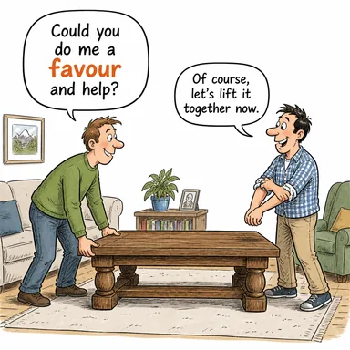 favour (iyilik, lütuf, kayırma (İngiliz İngilizcesi)) karikatürü — diyalogla bağlam içinde öğren