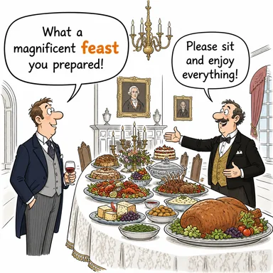 feast (ziyafet, şölen) karikatürü — diyalogla bağlam içinde öğren