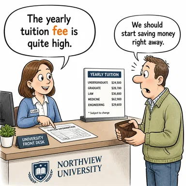 fee (ücret, harç (hizmet karşılığı)) karikatürü — diyalogla bağlam içinde öğren