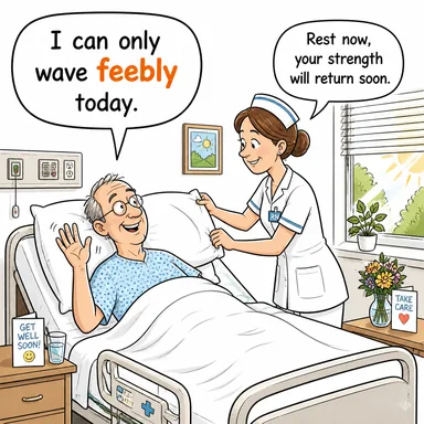 feebly (güçsüzce, zayıf bir şekilde) karikatürü — diyalogla bağlam içinde öğren