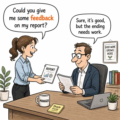 feedback (geri bildirim, dönüt) karikatürü — diyalogla bağlam içinde öğren
