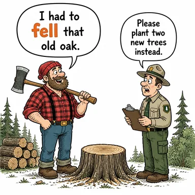 fell (kesip devirmek (ağaç), yere sermek) karikatürü — diyalogla bağlam içinde öğren
