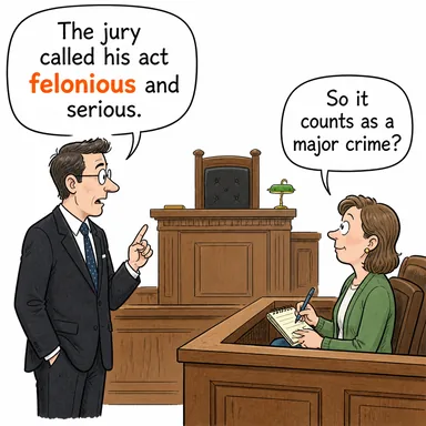 felonious (ağır suç niteliğinde, haince) karikatürü — diyalogla bağlam içinde öğren