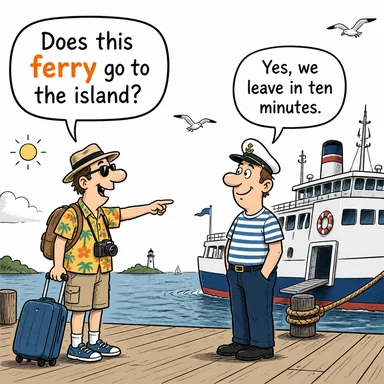 ferry (feribot; karşıya geçirmek (fiil)) karikatürü — diyalogla bağlam içinde öğren