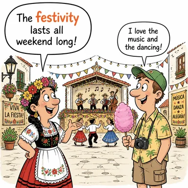 festivity (şenlik, kutlama, eğlence) karikatürü — diyalogla bağlam içinde öğren