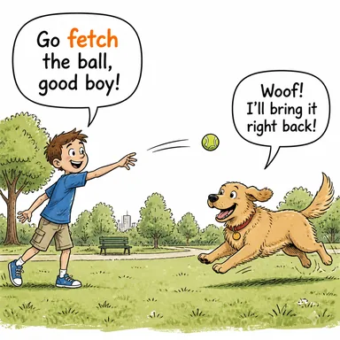 fetch (gidip getirmek; (fiyat) etmek/satılmak) karikatürü — diyalogla bağlam içinde öğren