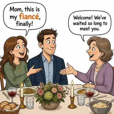 fiancé (nişanlı (erkek için fiancé, kadın için fiancée)) karikatürü — diyalogla bağlam içinde öğren