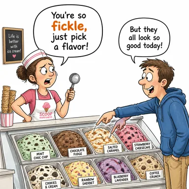 fickle (dönek, kararsız, güvenilmez) karikatürü — diyalogla bağlam içinde öğren
