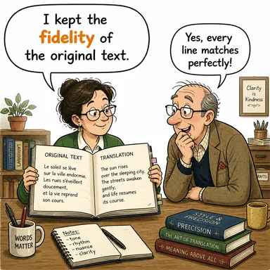 fidelity (sadakat, (aslına) uygunluk/doğruluk) karikatürü — diyalogla bağlam içinde öğren