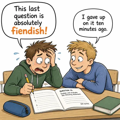 fiendish (şeytanca, acımasız, çok zor) karikatürü — diyalogla bağlam içinde öğren