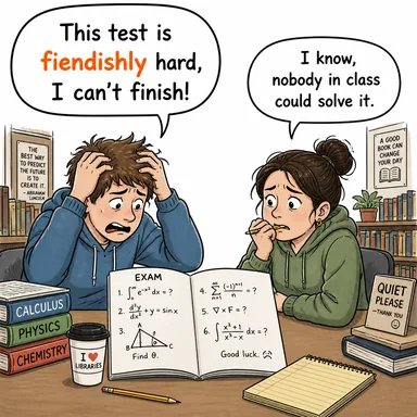 fiendishly (şeytanca, aşırı derecede (zor)) karikatürü — diyalogla bağlam içinde öğren