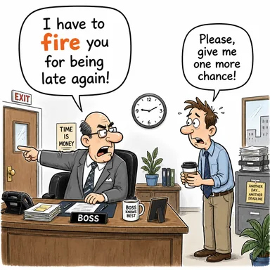 fire (ateşlemek; işten kovmak) karikatürü — diyalogla bağlam içinde öğren