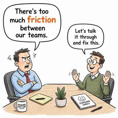 friction (sürtünme; anlaşmazlık, çatışma) karikatürü — diyalogla bağlam içinde öğren
