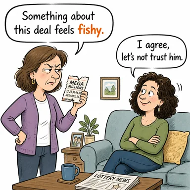 fishy (şüpheli, bit yeniği olan) karikatürü — diyalogla bağlam içinde öğren