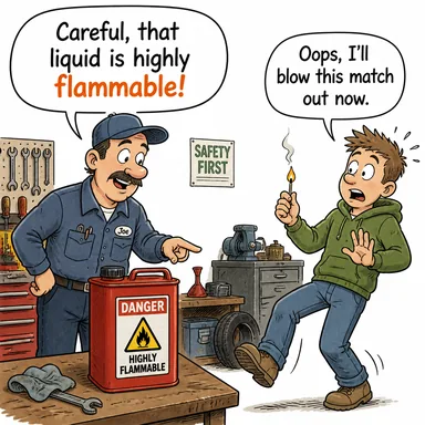 flammable (yanıcı, kolay tutuşan) karikatürü — diyalogla bağlam içinde öğren