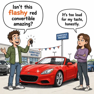 flashy (gösterişli, cafcaflı, göz boyayan) karikatürü — diyalogla bağlam içinde öğren