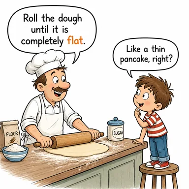 flat (düz, yassı; (lastik) patlak) karikatürü — diyalogla bağlam içinde öğren