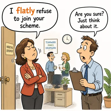 flatly (kesin bir dille, dümdüz) karikatürü — diyalogla bağlam içinde öğren