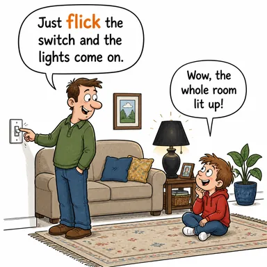 flick (fiske vurmak, hafifçe vurmak/sallamak) karikatürü — diyalogla bağlam içinde öğren