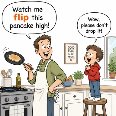 flip (çevirmek (sayfa/para), ters dönmek; (tepesi) atmak) karikatürü — diyalogla bağlam içinde öğren