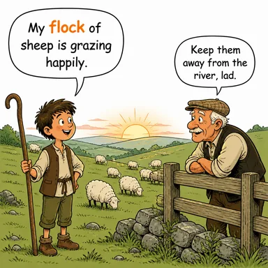 flock (sürü (kuş/koyun), kalabalık; akın etmek (fiil)) karikatürü — diyalogla bağlam içinde öğren