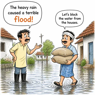 flood (sel, su baskını; (piyasayı) doldurmak (fiil)) karikatürü — diyalogla bağlam içinde öğren