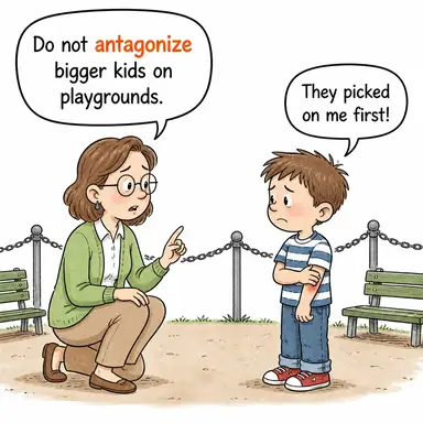 antagonize (düşman etmek, karşıtlık yaratmak, kışkırtmak) karikatürü — diyalogla bağlam içinde öğren
