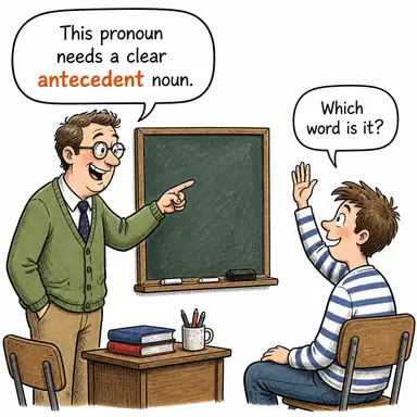 antecedent (öncül, geçmiş, evveliyat; (zamirin yerini tuttuğu) isim) karikatürü — diyalogla bağlam içinde öğren