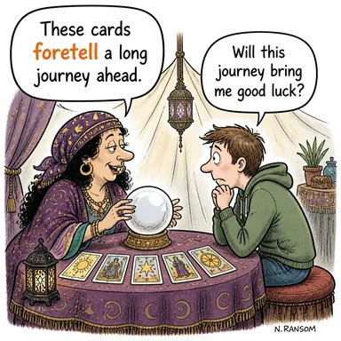 foretell (önceden haber vermek, kehanette bulunmak) karikatürü — diyalogla bağlam içinde öğren