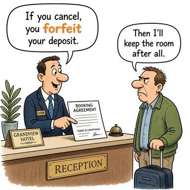 forfeit (hakkını kaybetmek, ceza olarak vermek; cayma bedeli) karikatürü — diyalogla bağlam içinde öğren
