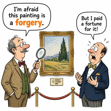forgery (sahtecilik, sahte belge) karikatürü — diyalogla bağlam içinde öğren