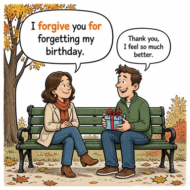forgive for (bir şeyden ötürü affetmek) karikatürü — diyalogla bağlam içinde öğren