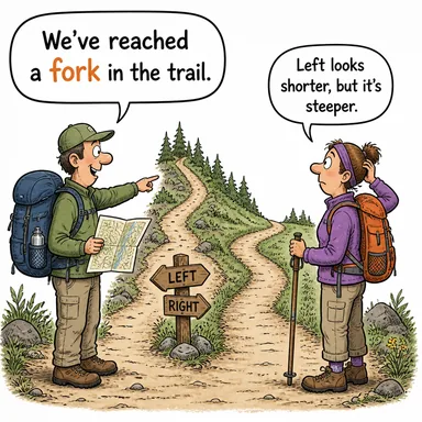fork (çatal, yol ayrımı) karikatürü — diyalogla bağlam içinde öğren
