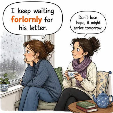 forlornly (umutsuzca, boynu bükük bir halde) karikatürü — diyalogla bağlam içinde öğren